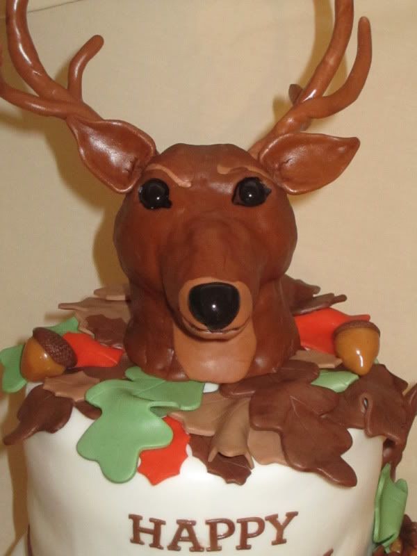 Hunting 25th Birthday Cake,fondant deer head,fall cake,fondant leaves