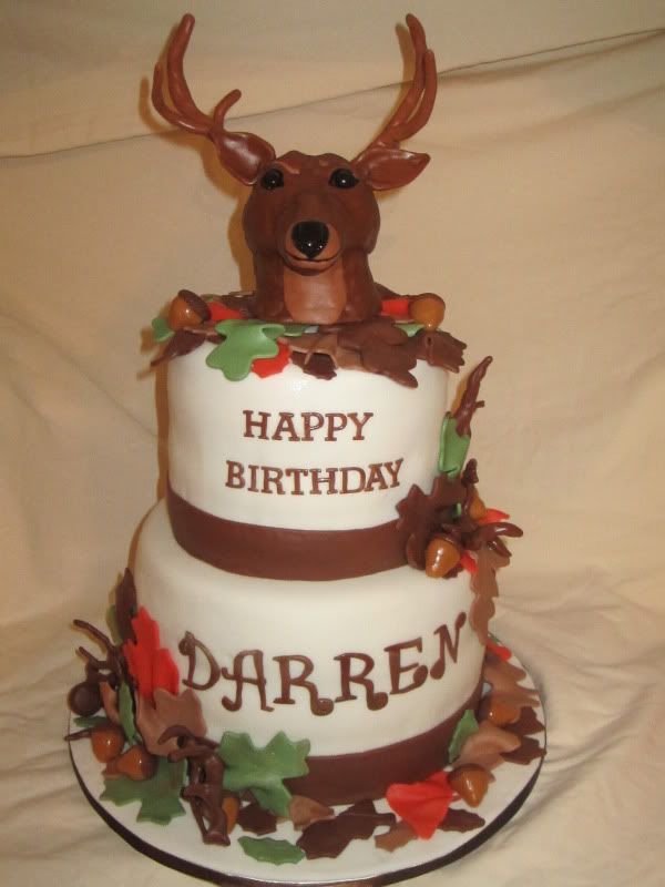 Hunting 25th Birthday Cake,fondant deer head,fall cake,fondant leaves