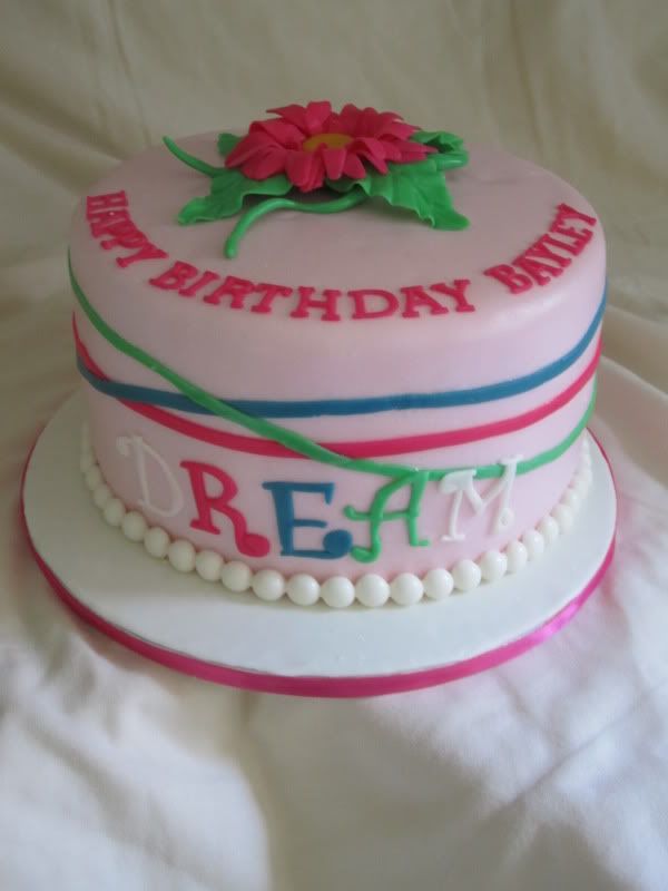 fondant gerber daisy,pink fondant cake,pink,green,blue fondant